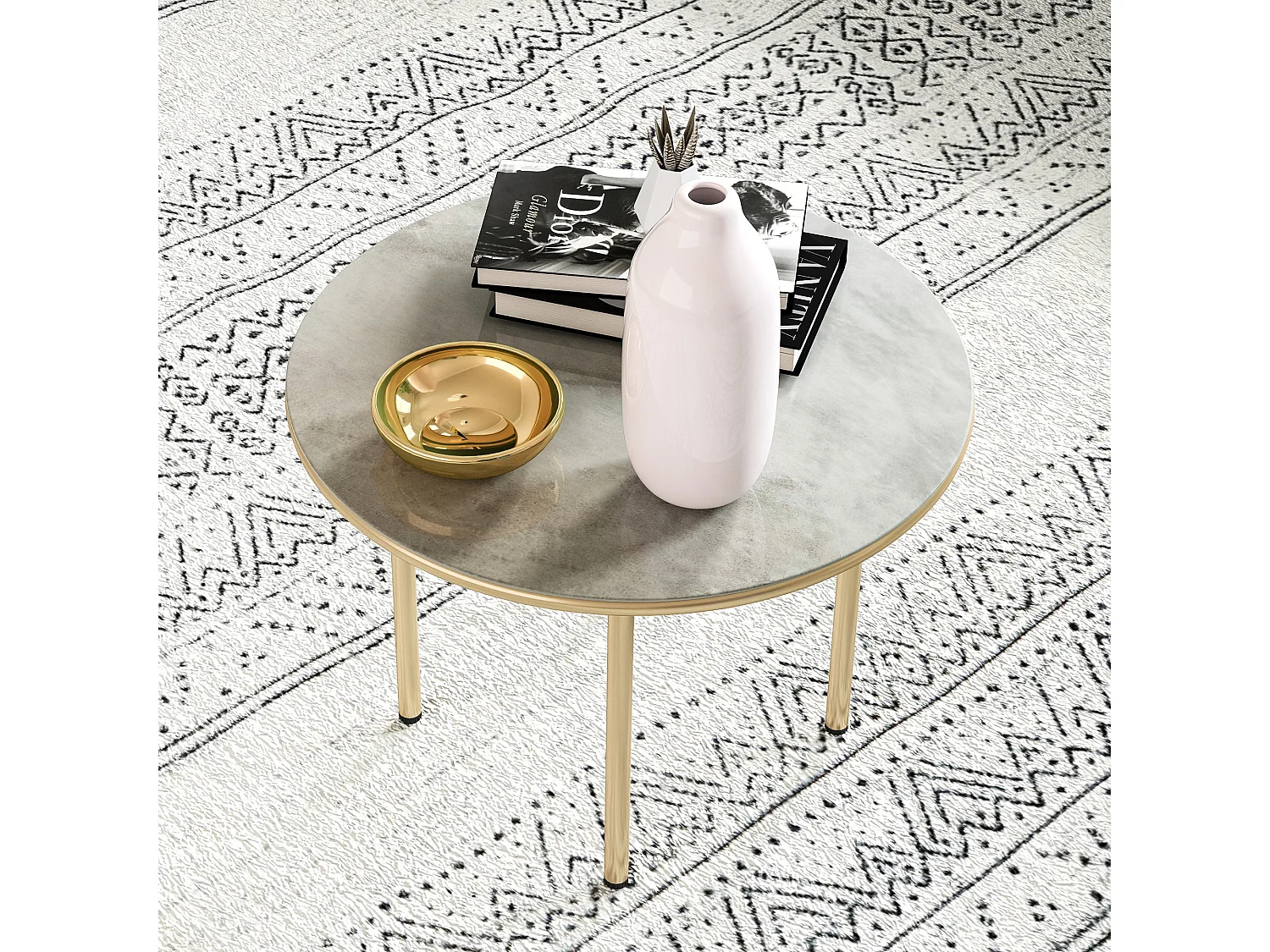 Bake Round Side Table Beige Tempered Glass Faux Marble Top Steel Frame