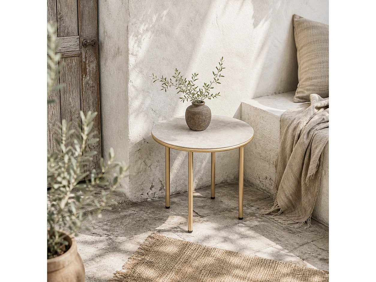 Bake Round Side Table Beige Tempered Glass Faux Marble Top Steel Frame