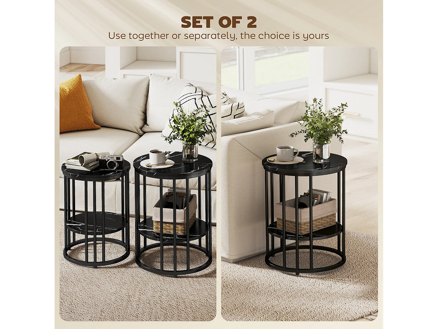 Dilisu Set of 2 Black Marble Effect Coffee Tables Two Tier Square Accent Tables