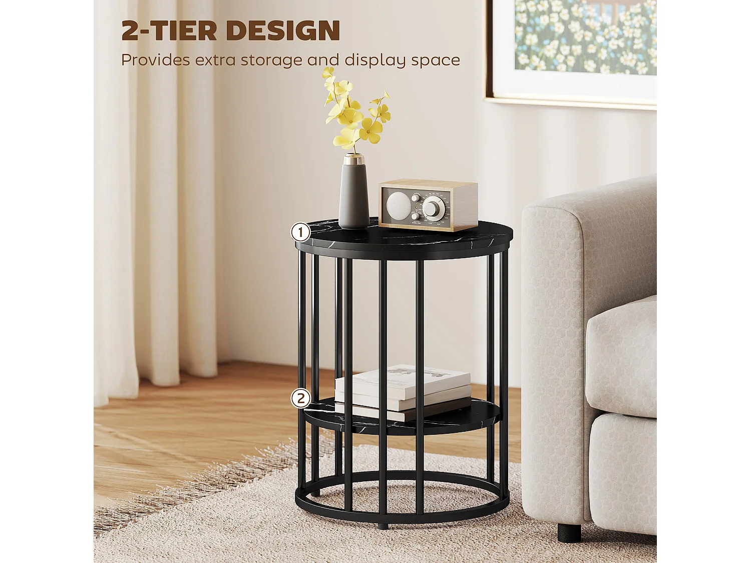 Dilisu Set of 2 Black Marble Effect Coffee Tables Two Tier Square Accent Tables