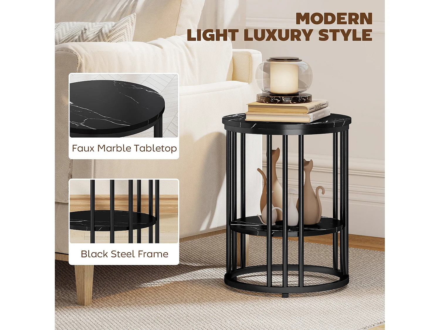 Dilisu Set of 2 Black Marble Effect Coffee Tables Two Tier Square Accent Tables