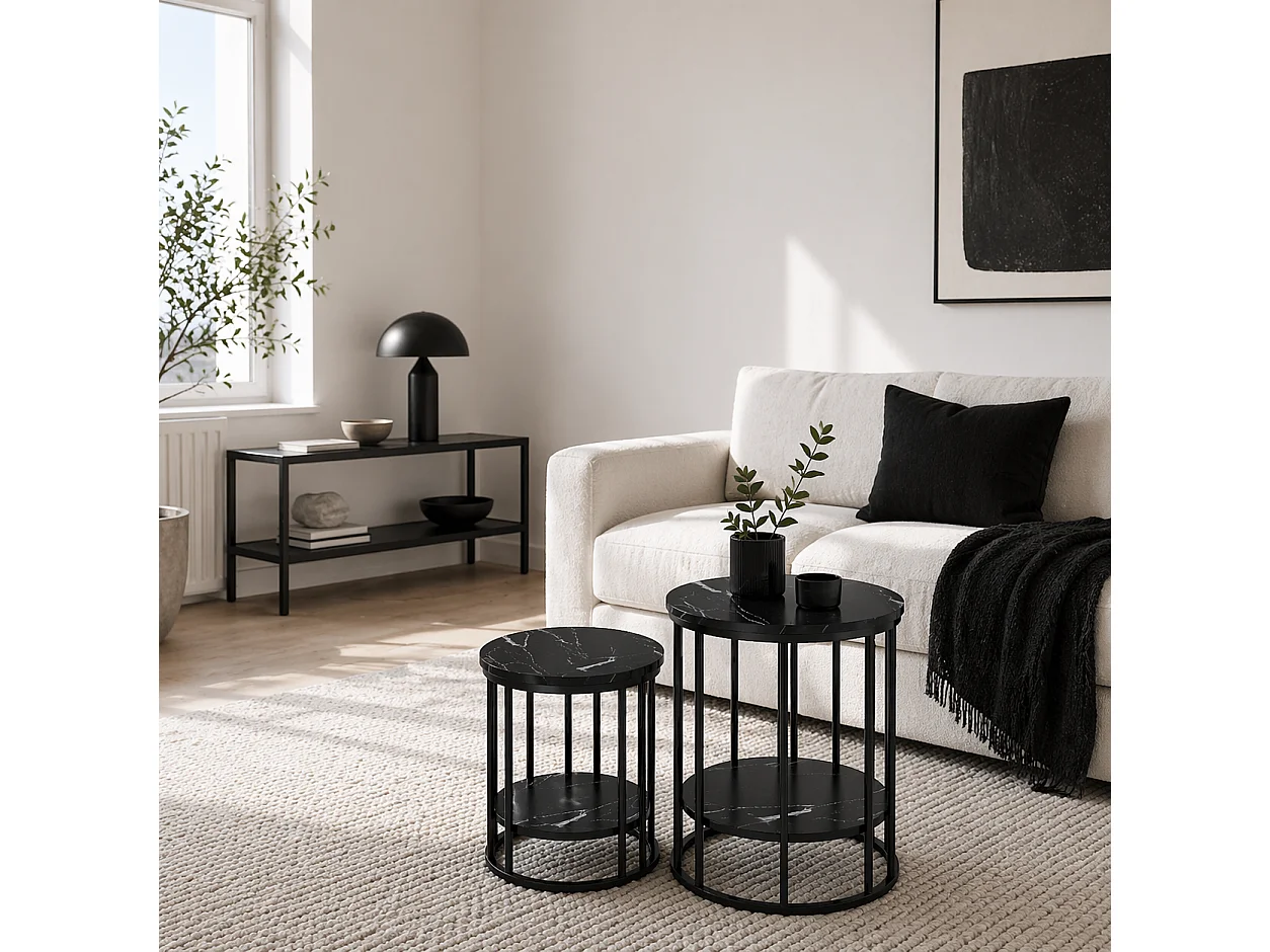 Dilisu Set of 2 Black Marble Effect Coffee Tables Two Tier Square Accent Tables