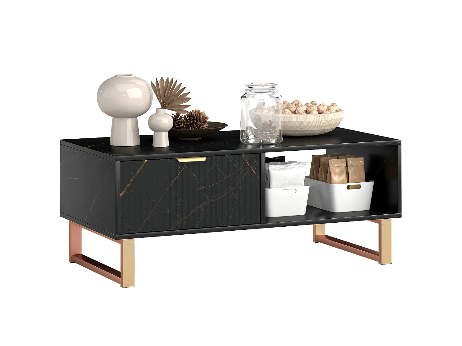 Neva Black Marble Effect Coffee Table with Storage Gold Accents