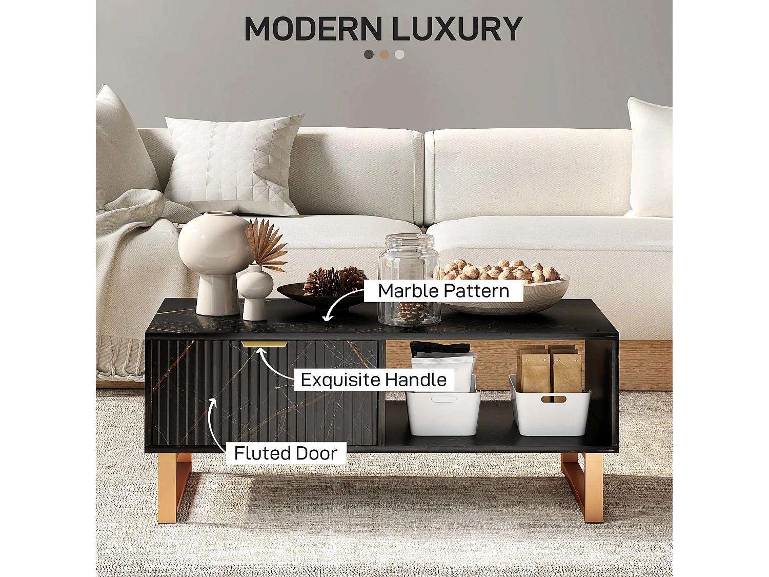 Neva Black Marble Effect Coffee Table with Storage Gold Accents