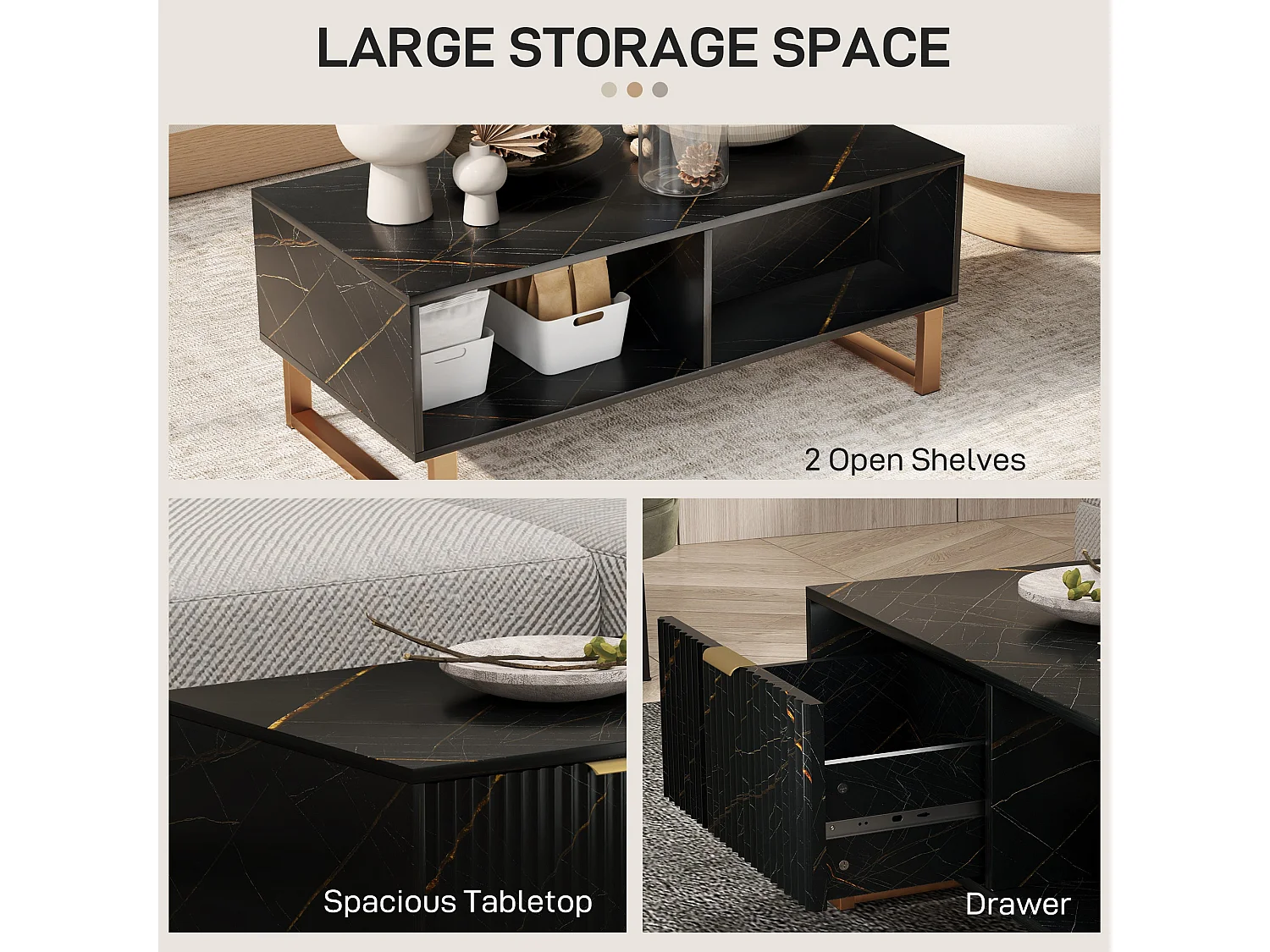 Neva Black Marble Effect Coffee Table with Storage Gold Accents