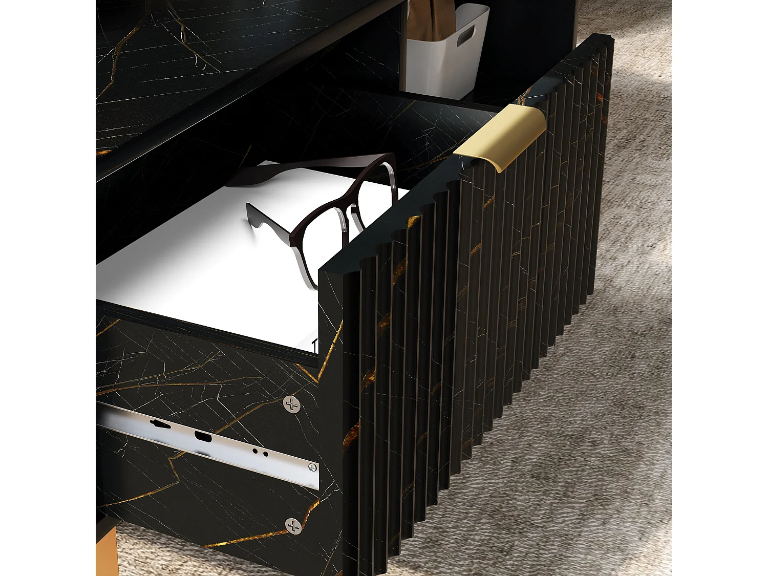 Neva Black Marble Effect Coffee Table with Storage Gold Accents