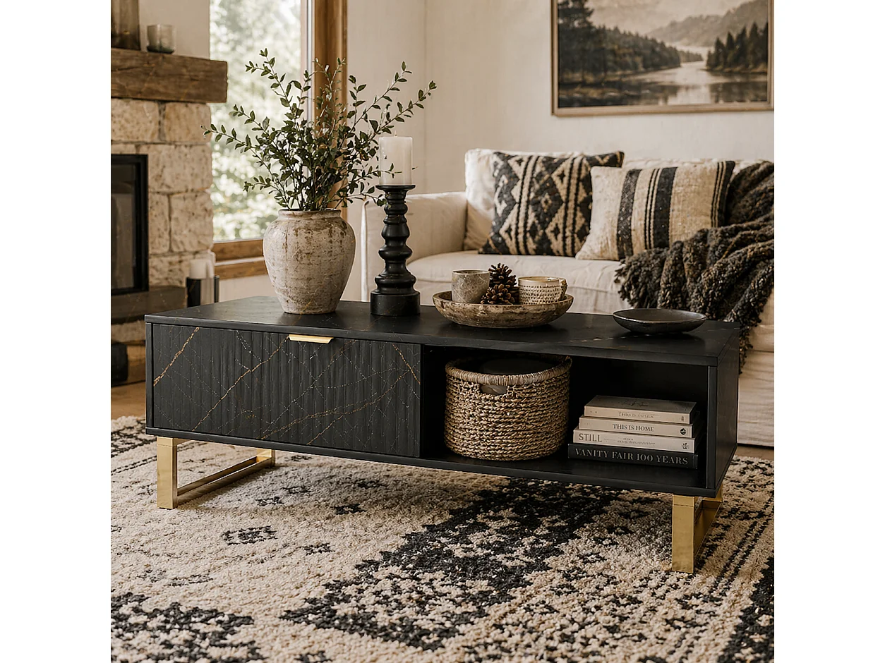 Neva Black Marble Effect Coffee Table with Storage Gold Accents