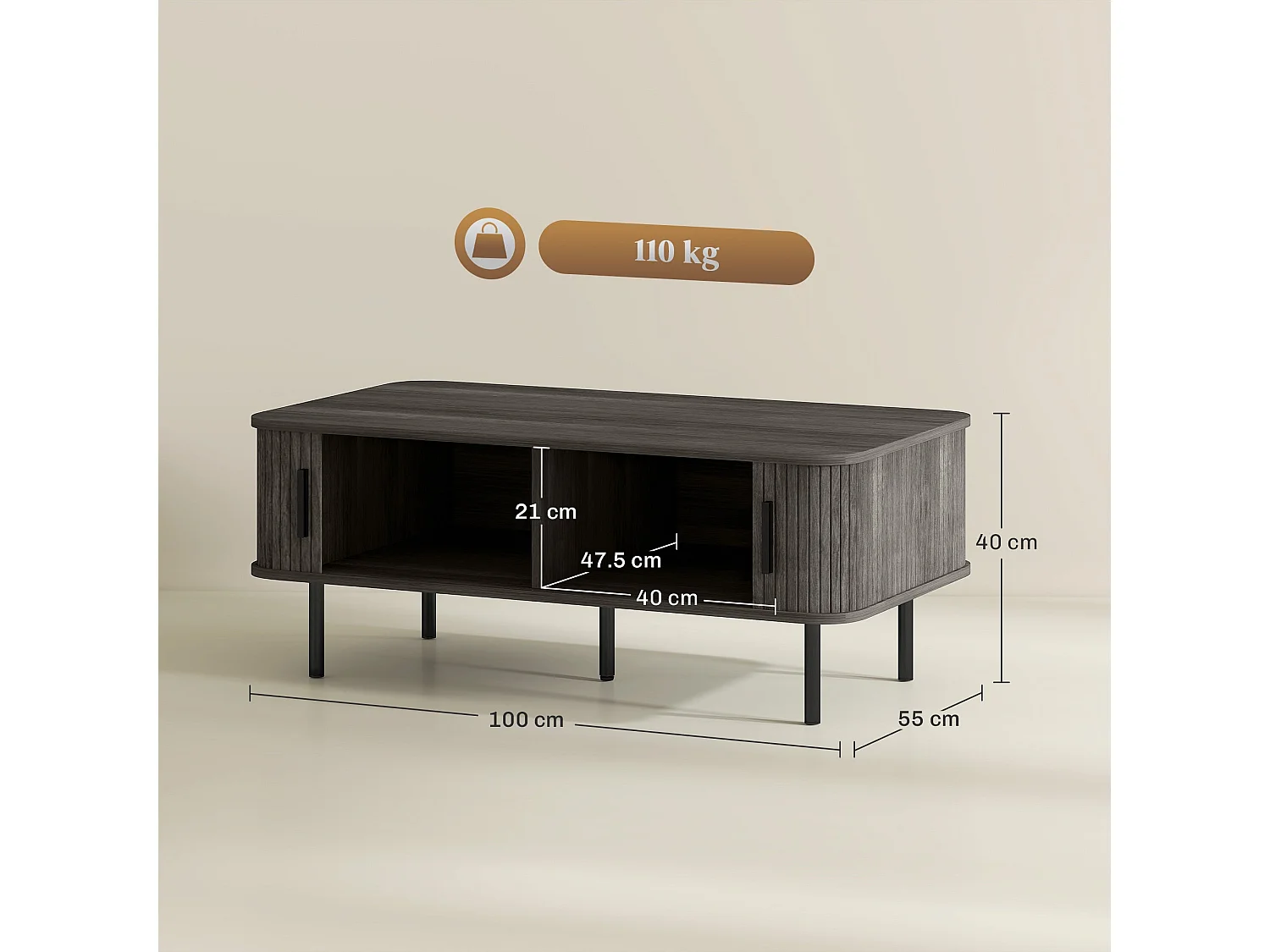 Yocoma Grey Wood Effect Rectangular Coffee Table with Tambour Sliding Doors