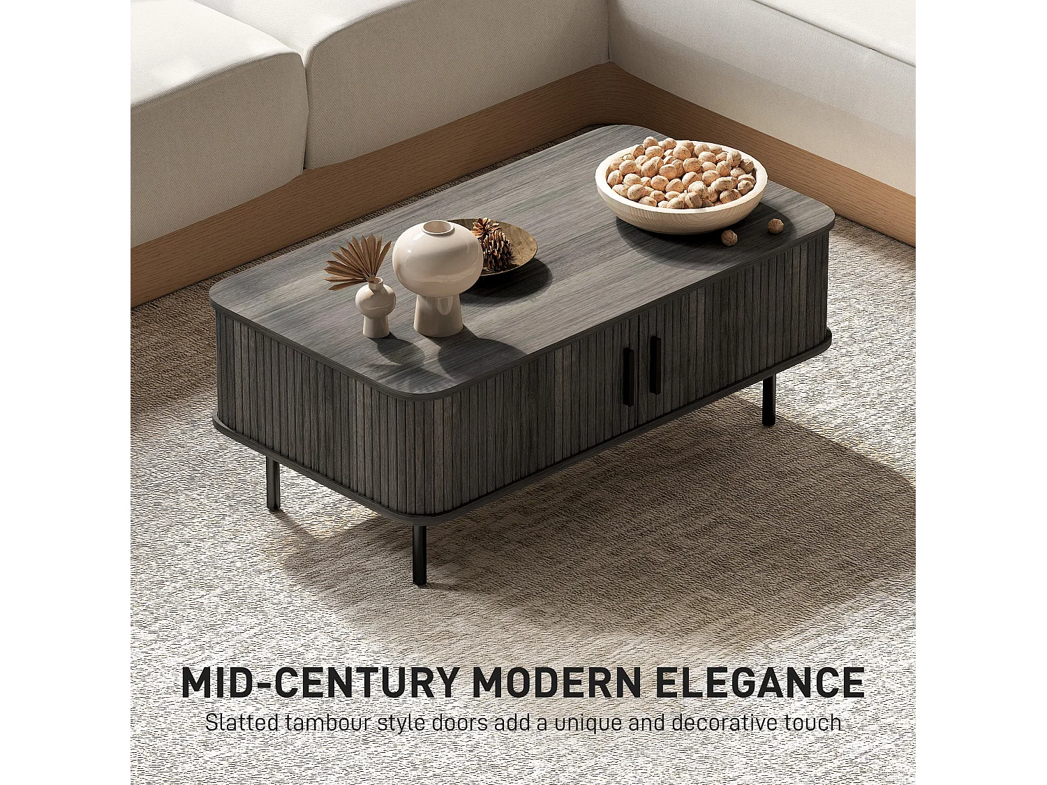 Yocoma Grey Wood Effect Rectangular Coffee Table with Tambour Sliding Doors