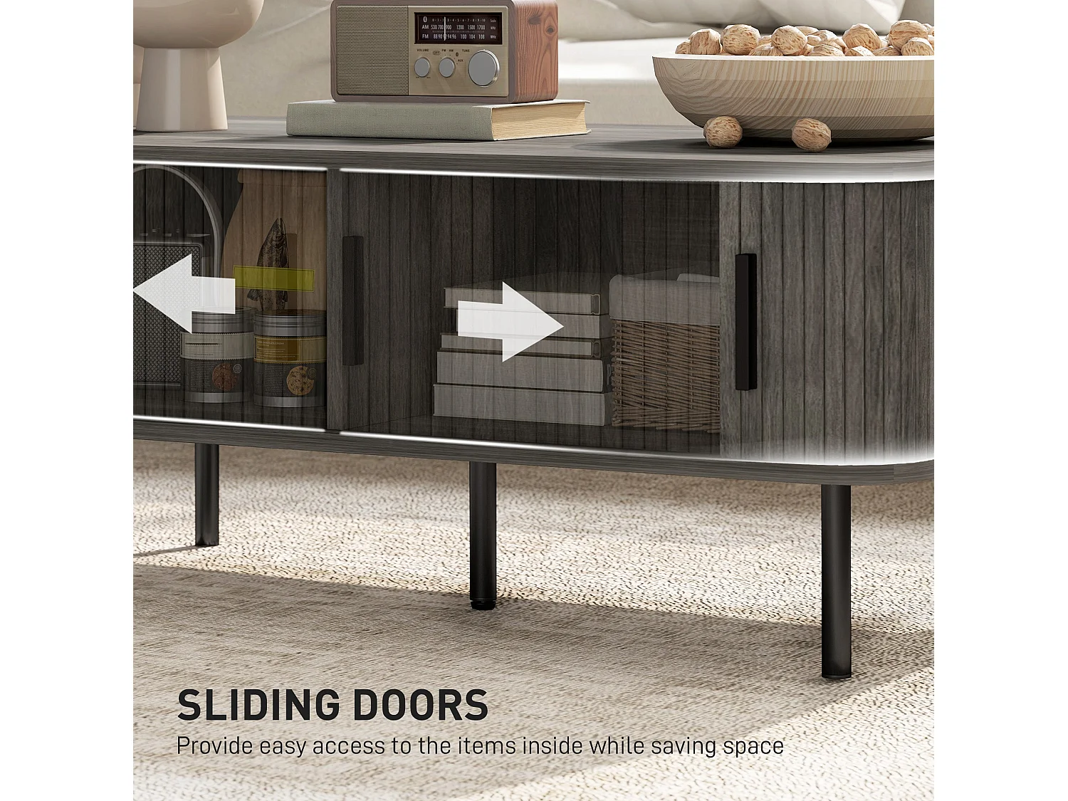 Yocoma Grey Wood Effect Rectangular Coffee Table with Tambour Sliding Doors