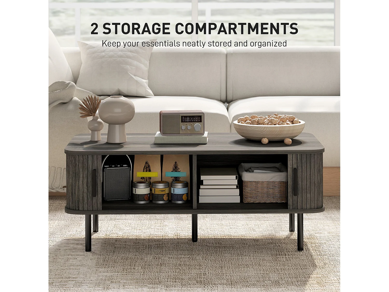 Yocoma Grey Wood Effect Rectangular Coffee Table with Tambour Sliding Doors