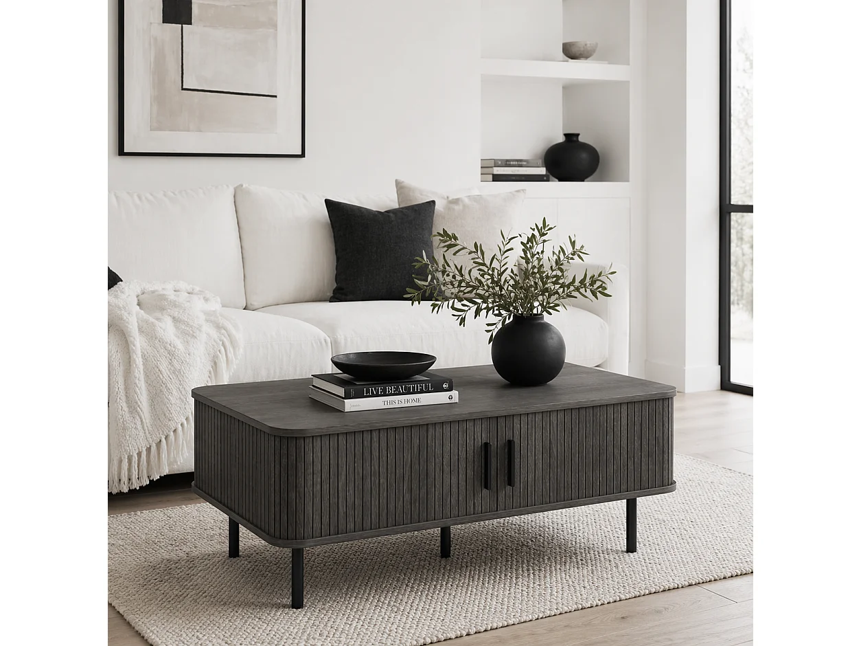 Yocoma Grey Wood Effect Rectangular Coffee Table with Tambour Sliding Doors
