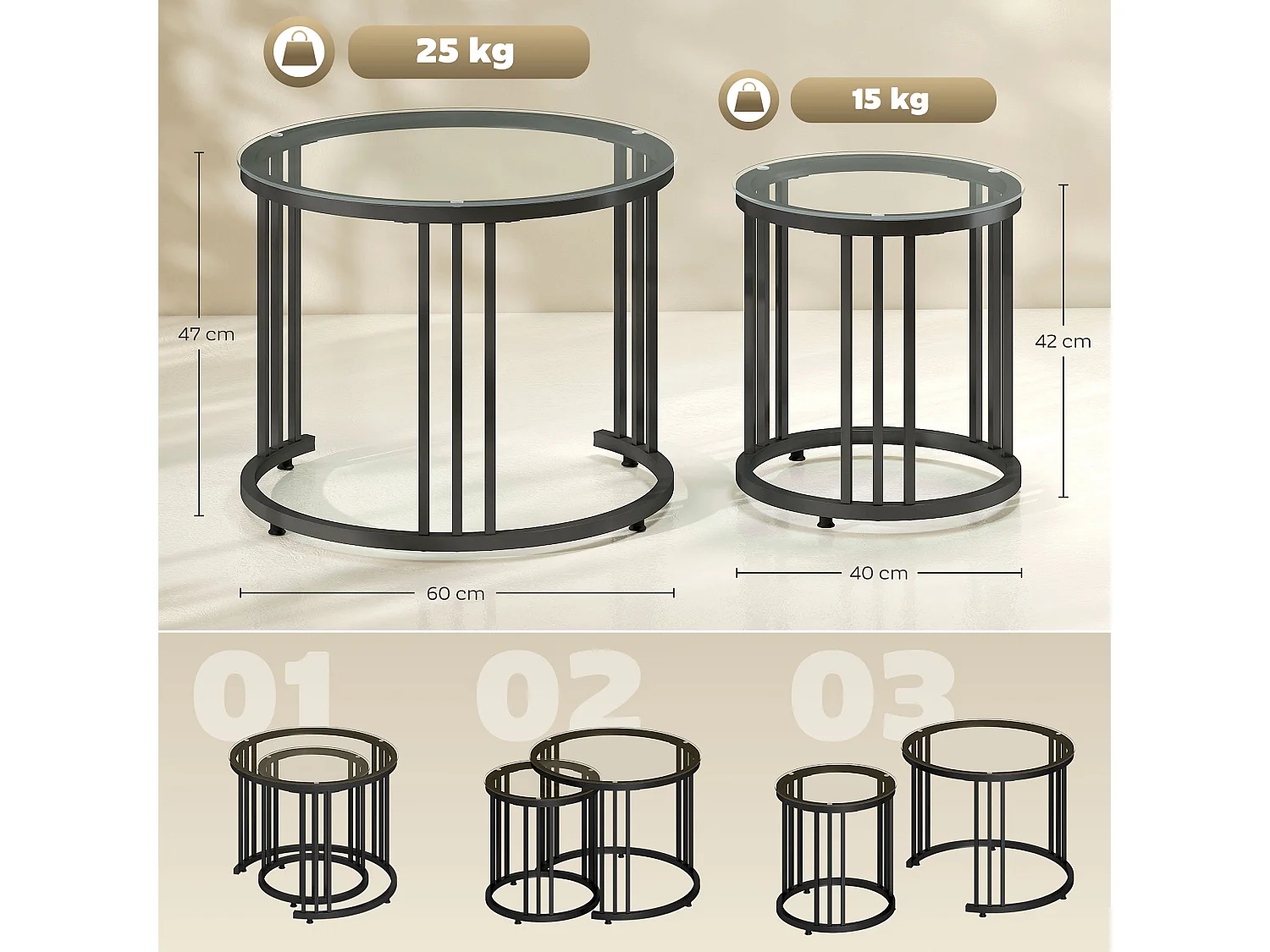 Kane Set of 2 Black Metal and Tempered Glass Round Nesting Tables Steel Frame