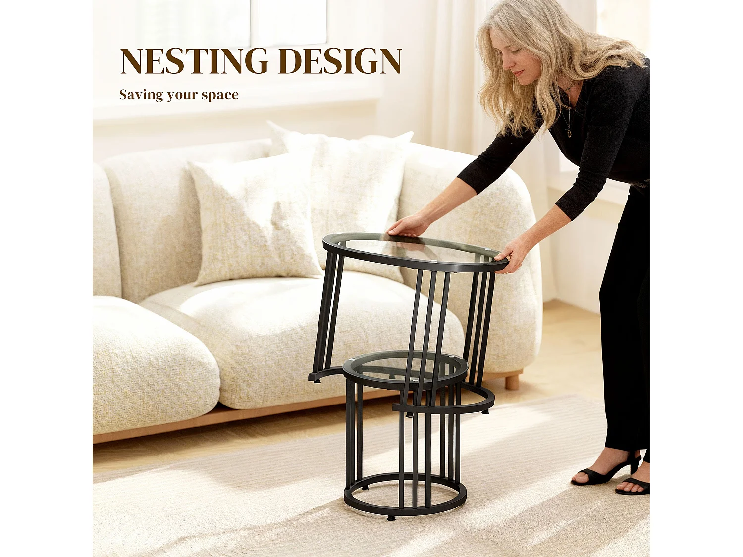 Kane Set of 2 Black Metal and Tempered Glass Round Nesting Tables Steel Frame