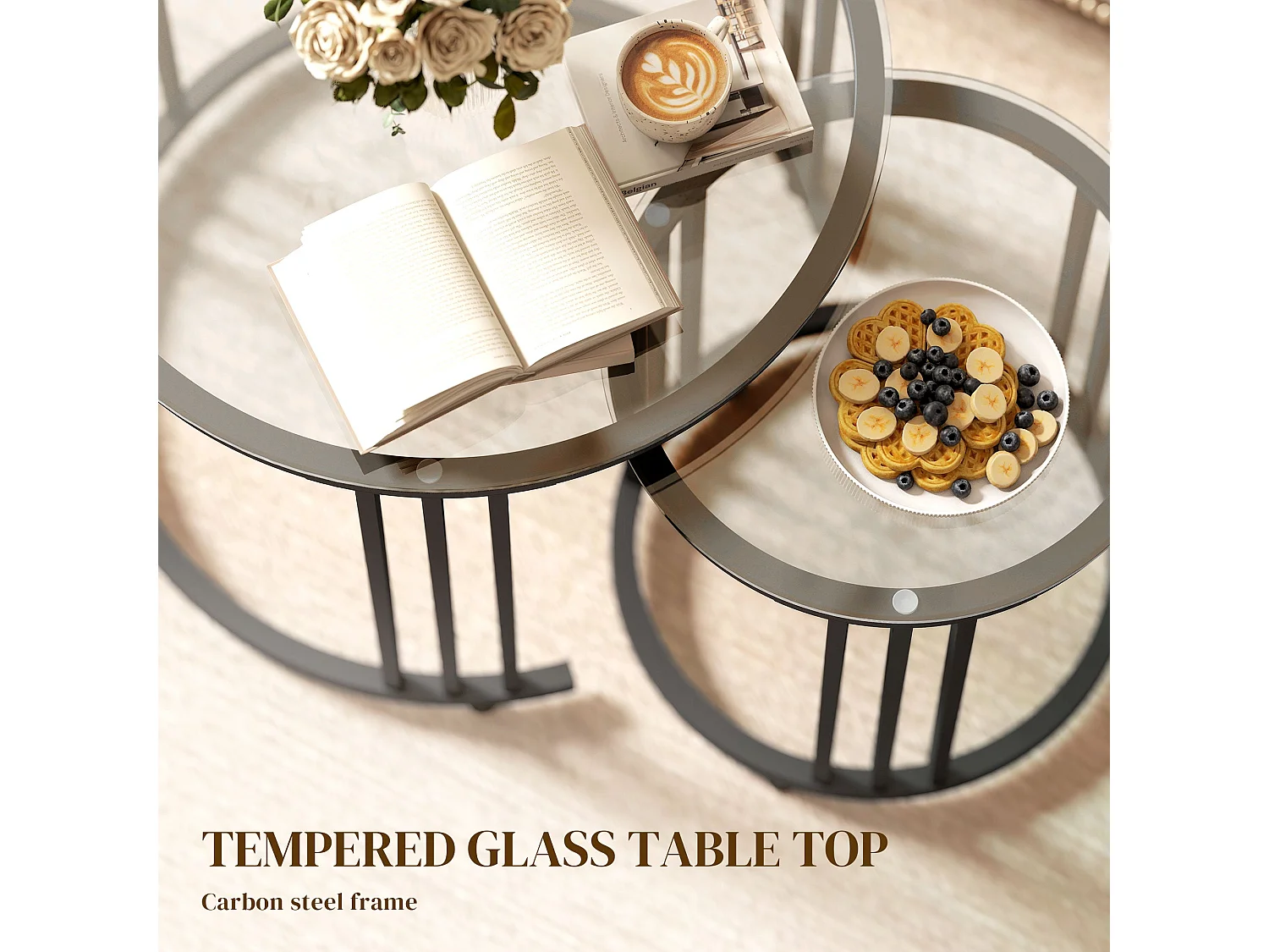 Kane Set of 2 Black Metal and Tempered Glass Round Nesting Tables Steel Frame
