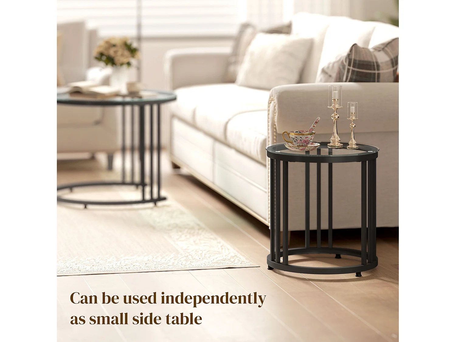 Kane Set of 2 Black Metal and Tempered Glass Round Nesting Tables Steel Frame