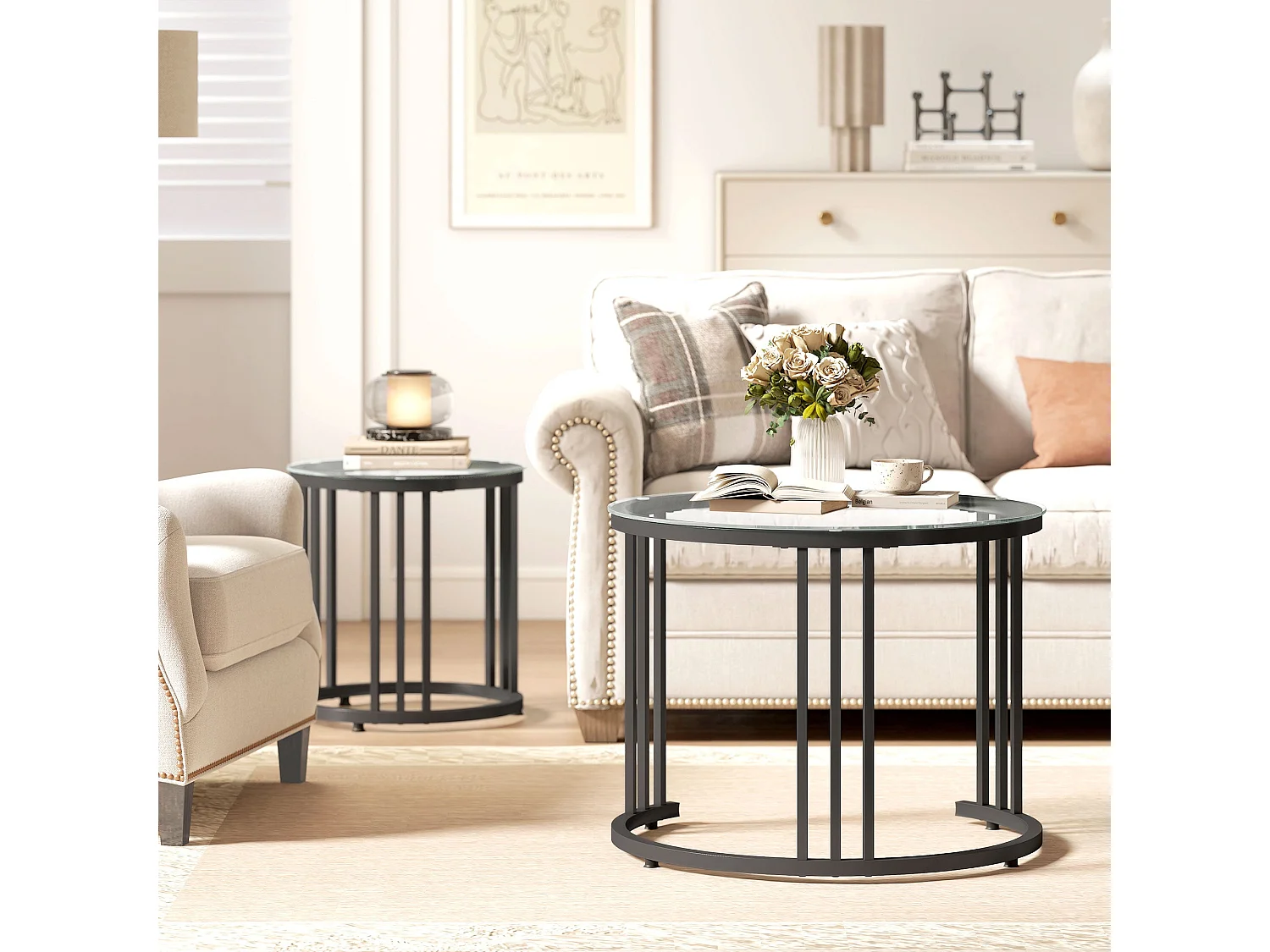 Kane Set of 2 Black Metal and Tempered Glass Round Nesting Tables Steel Frame