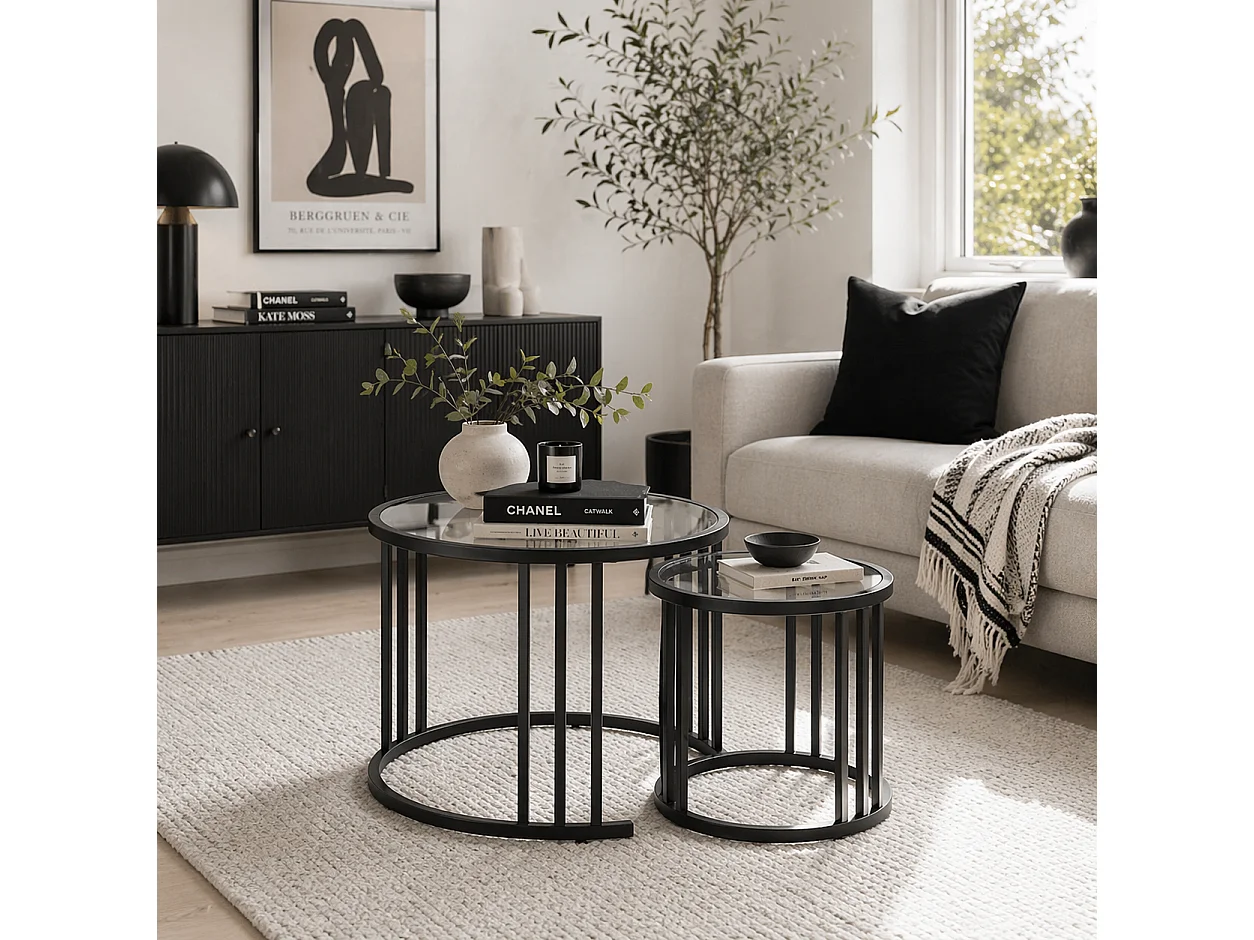 Kane Set of 2 Black Metal and Tempered Glass Round Nesting Tables Steel Frame