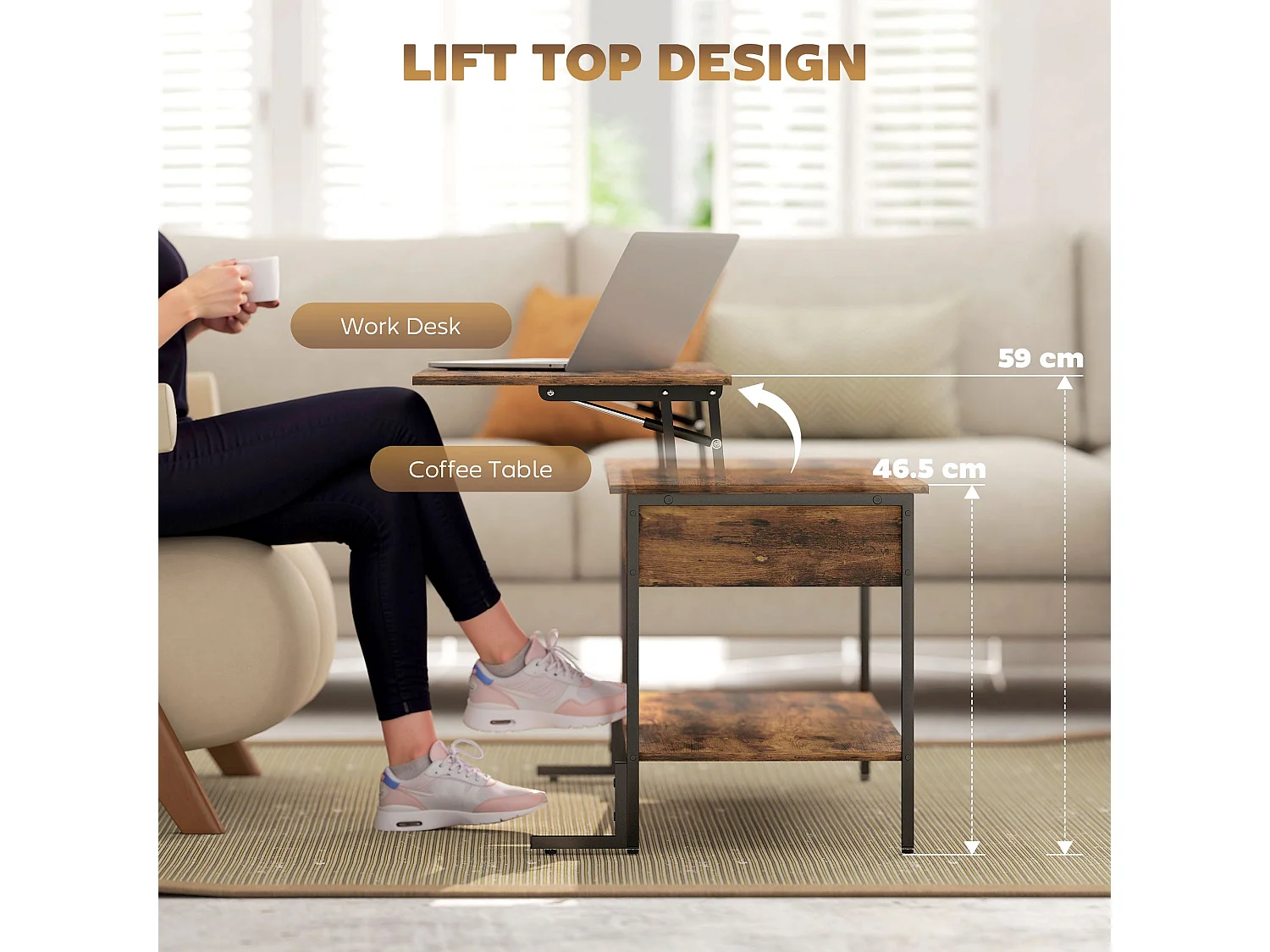 Vitoli Rustic Brown Lift Top Coffee Table with Storage Compartment