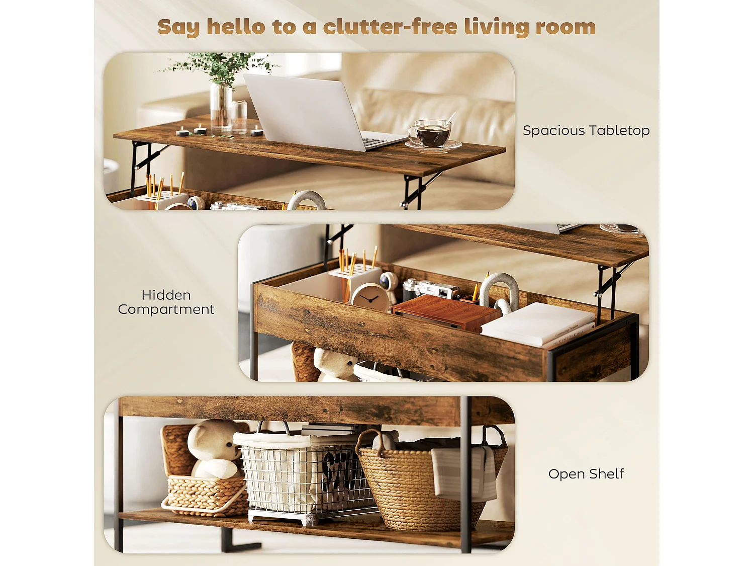 Vitoli Rustic Brown Lift Top Coffee Table with Storage Compartment