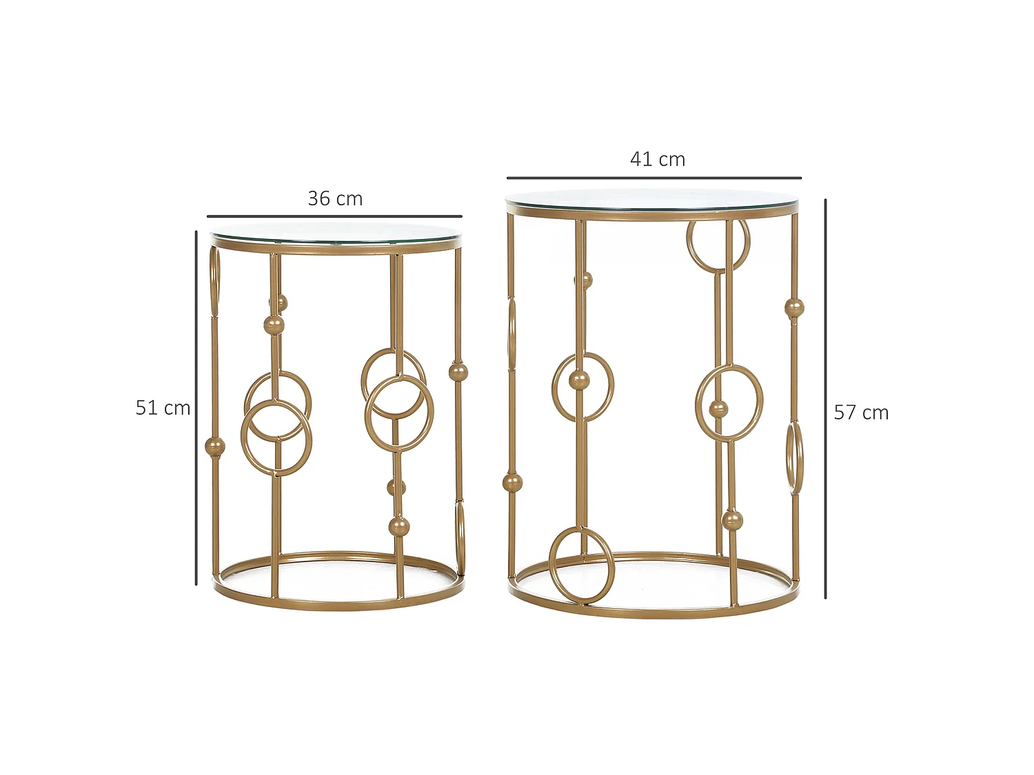 Basu Gold Tone Metal and Tempered Glass Set of 2 Round Nesting Coffee Tables