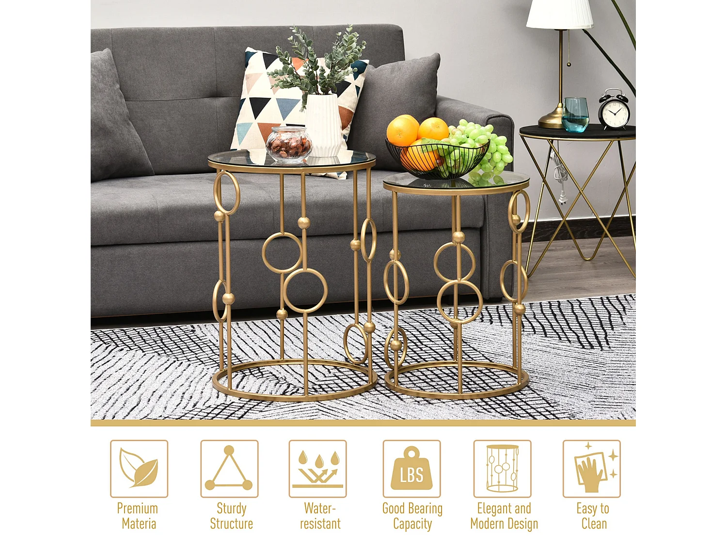 Basu Gold Tone Metal and Tempered Glass Set of 2 Round Nesting Coffee Tables