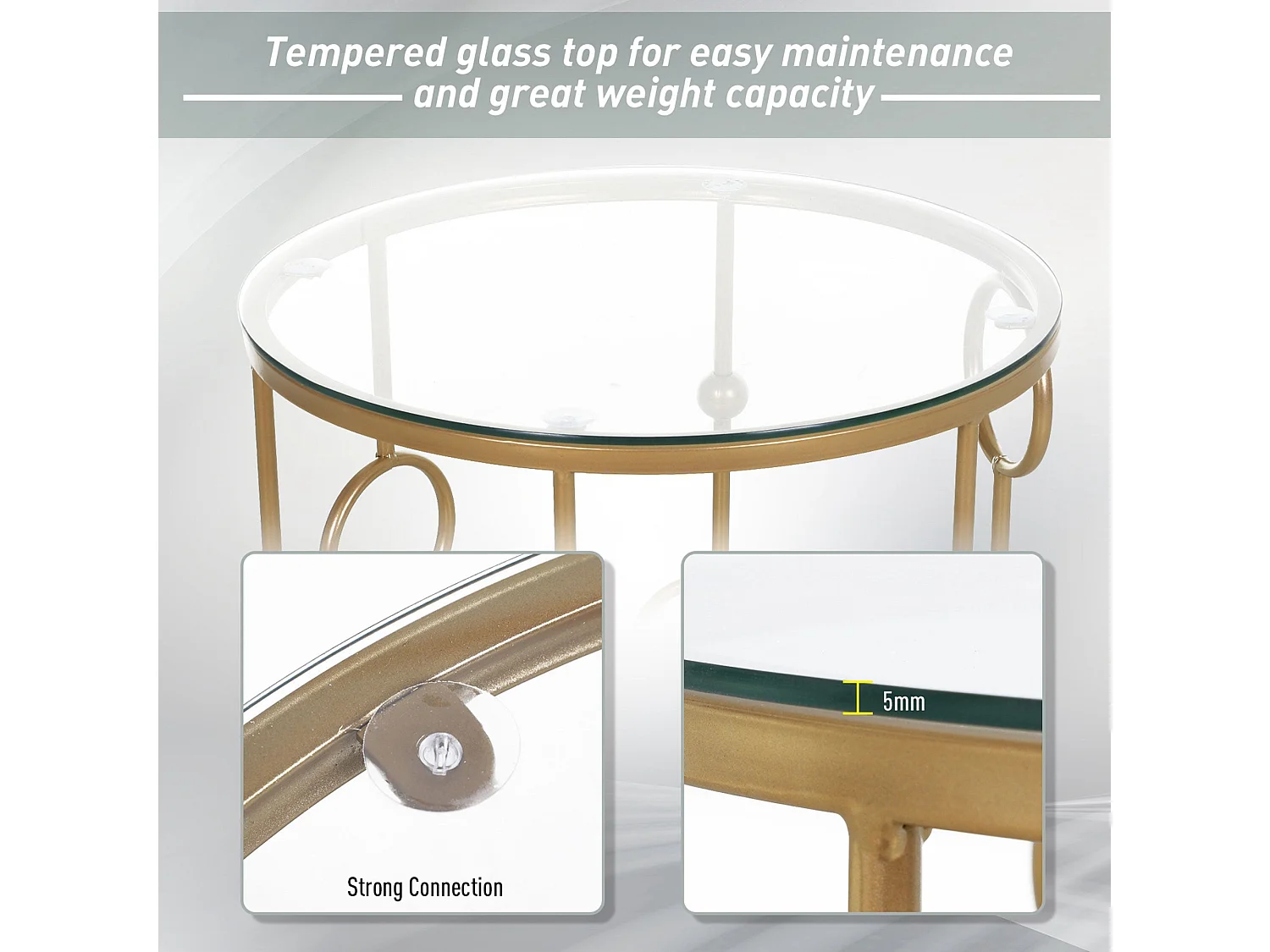 Basu Gold Tone Metal and Tempered Glass Set of 2 Round Nesting Coffee Tables