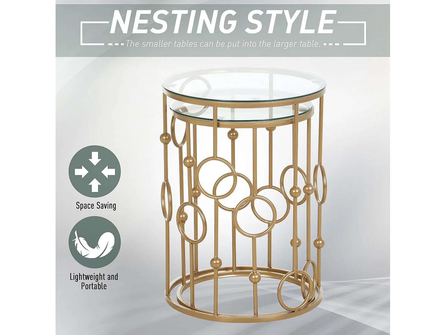 Basu Gold Tone Metal and Tempered Glass Set of 2 Round Nesting Coffee Tables