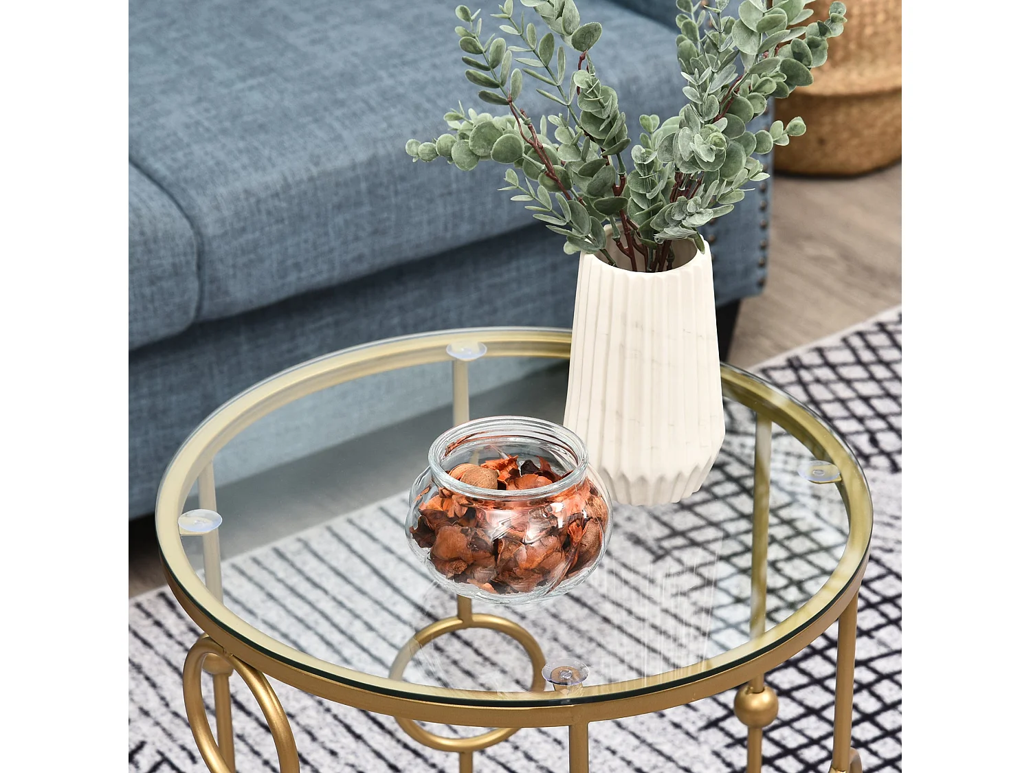 Basu Gold Tone Metal and Tempered Glass Set of 2 Round Nesting Coffee Tables