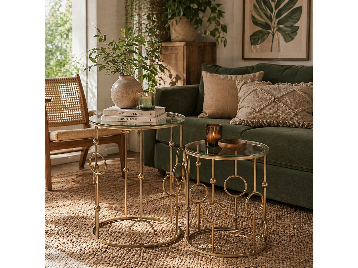 Basu Gold Tone Metal and Tempered Glass Set of 2 Round Nesting Coffee Tables
