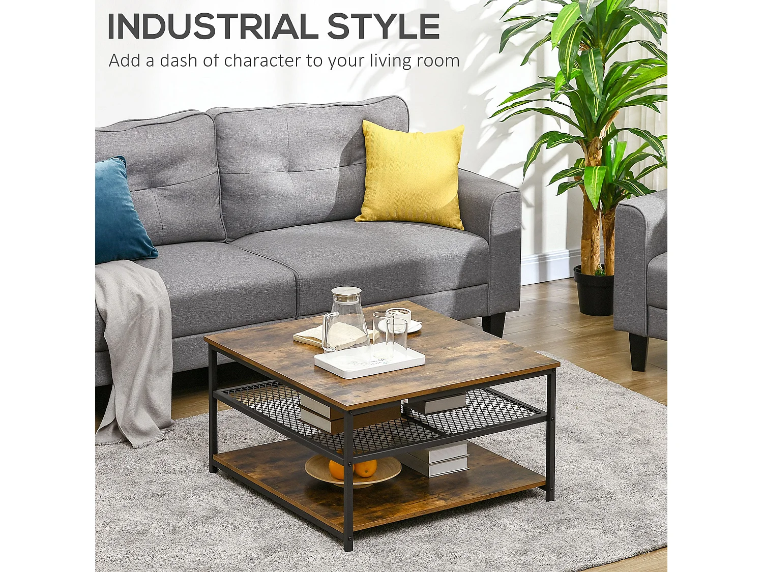 Nafata Rustic Brown Square Coffee Table with 3 Tier Storage