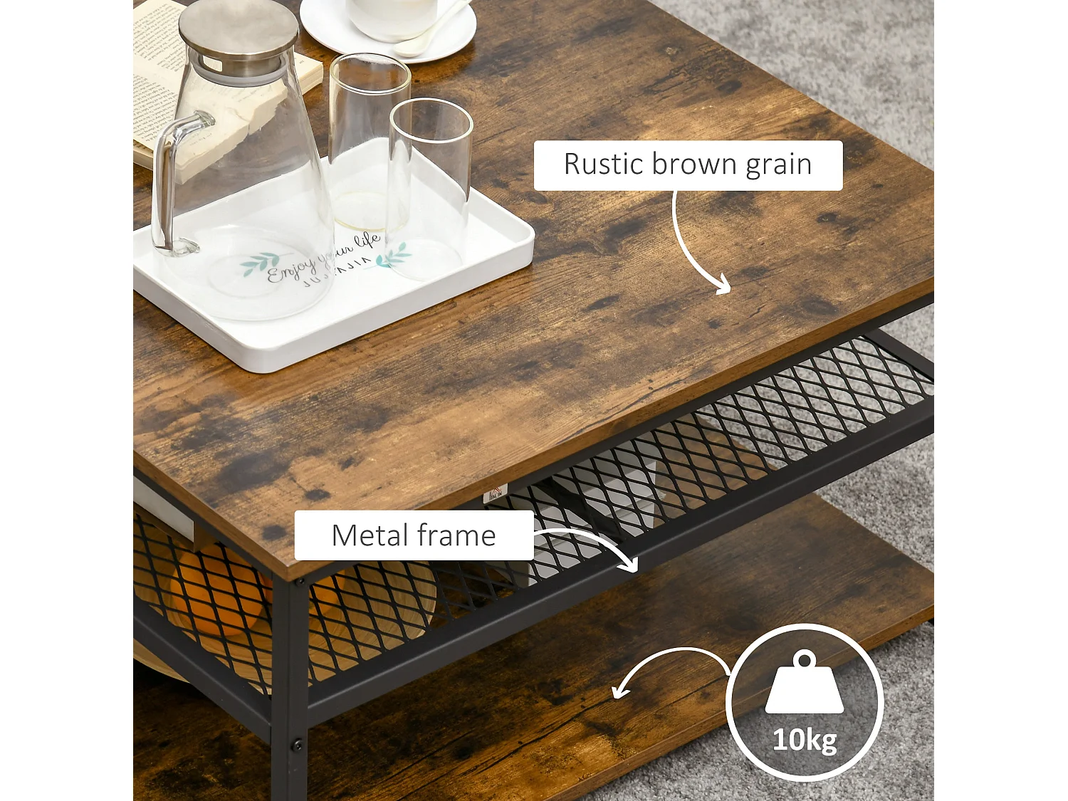 Nafata Rustic Brown Square Coffee Table with 3 Tier Storage