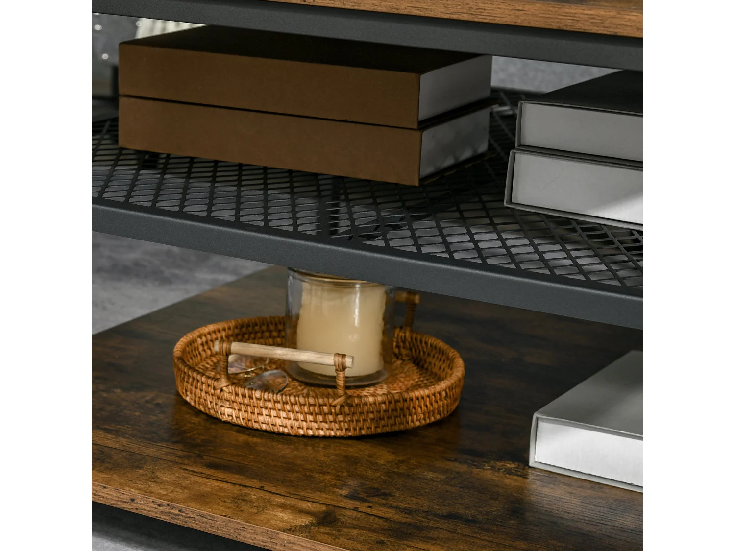 Nafata Rustic Brown Square Coffee Table with 3 Tier Storage