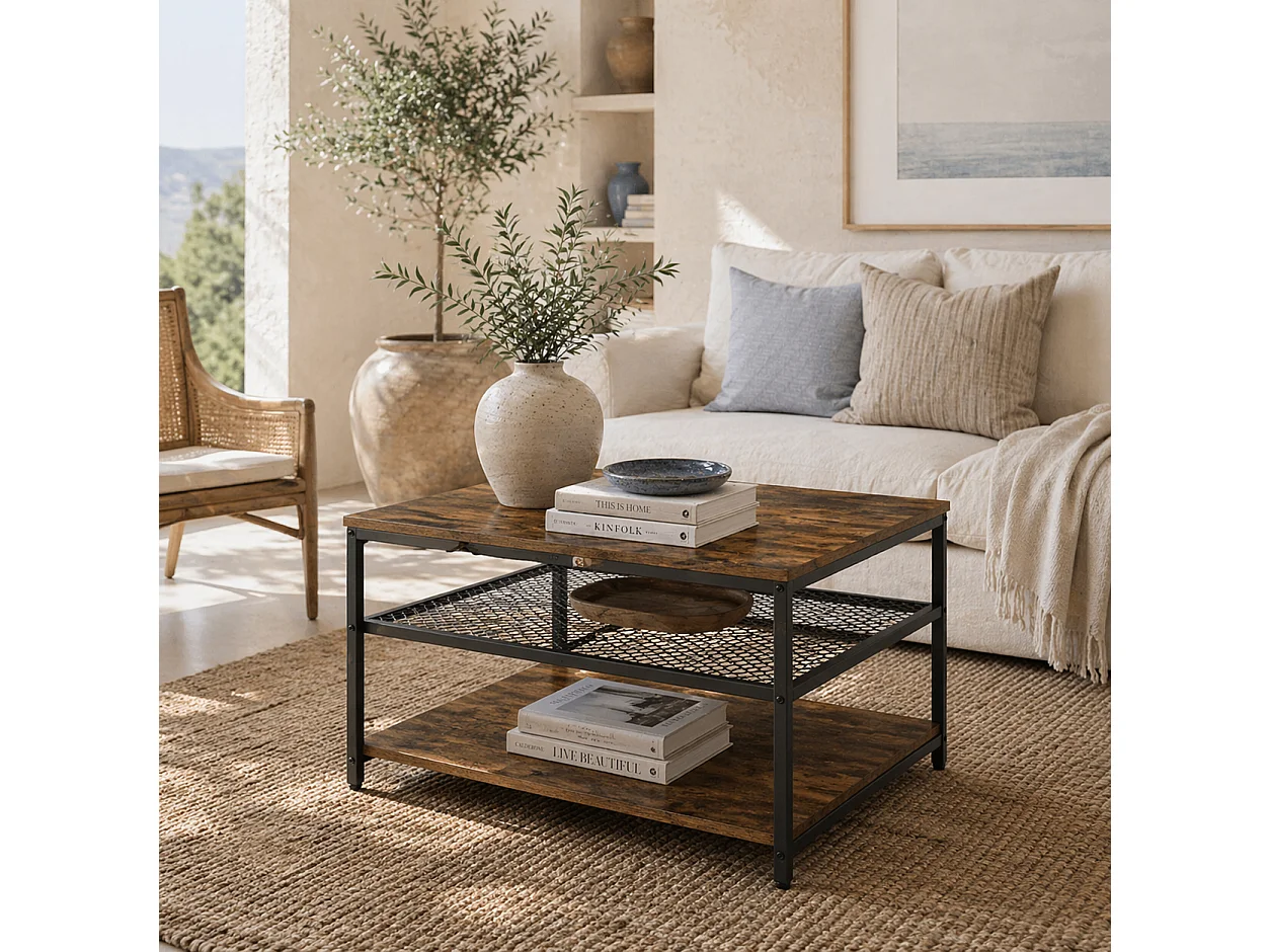 Nafata Rustic Brown Square Coffee Table with 3 Tier Storage