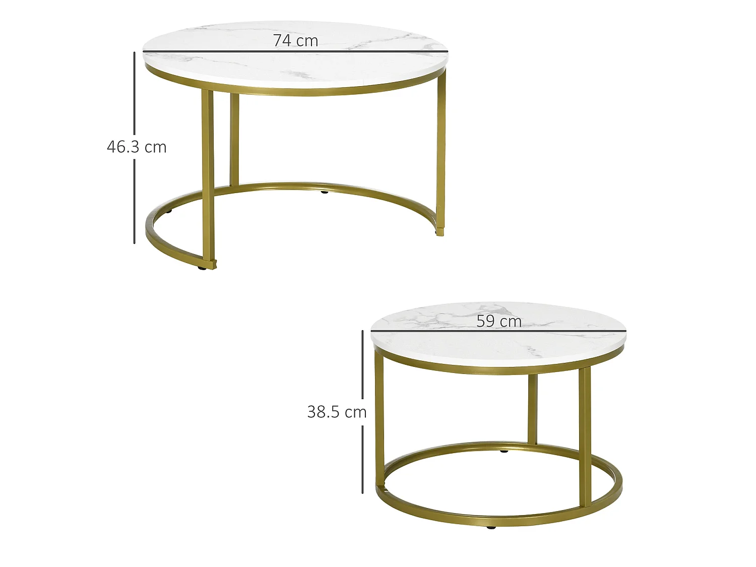 Dividi Set of 2 Round Nesting Side Tables White Tops Gold Tone Metal Frames