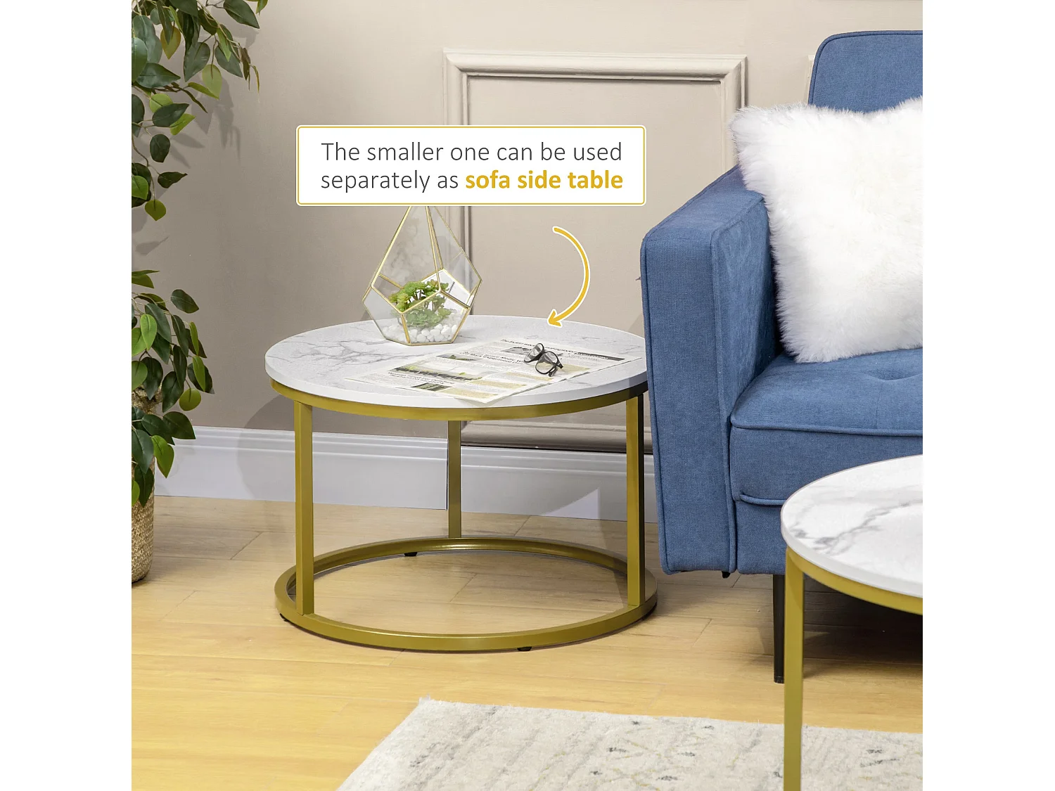 Dividi Set of 2 Round Nesting Side Tables White Tops Gold Tone Metal Frames