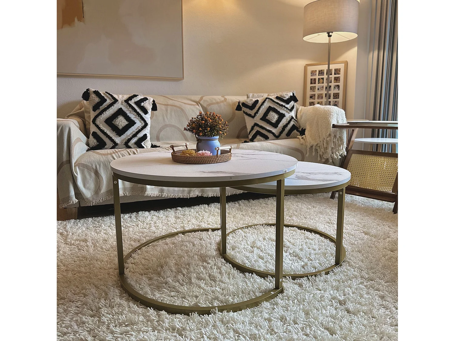 Dividi Set of 2 Round Nesting Side Tables White Tops Gold Tone Metal Frames