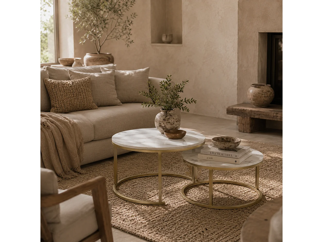 Dividi Set of 2 Round Nesting Side Tables White Tops Gold Tone Metal Frames