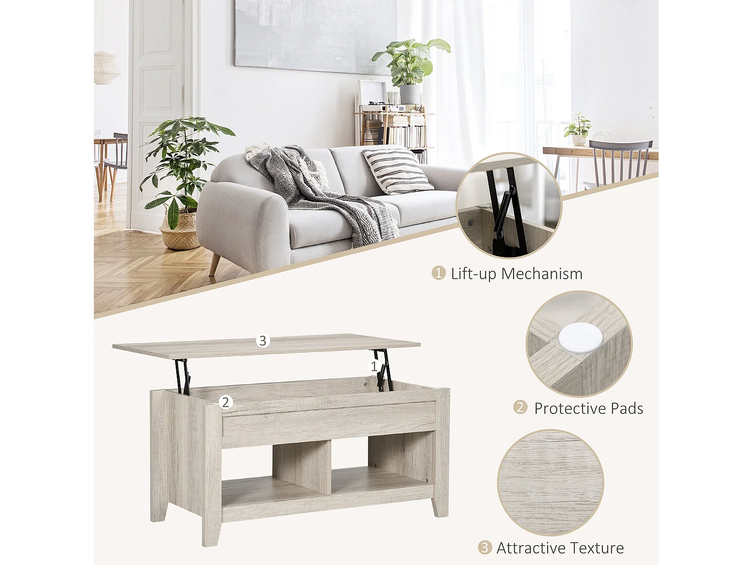 Tonodo Oak Effect Lift Top Coffee Table with Hidden Storage and Lower Shelf
