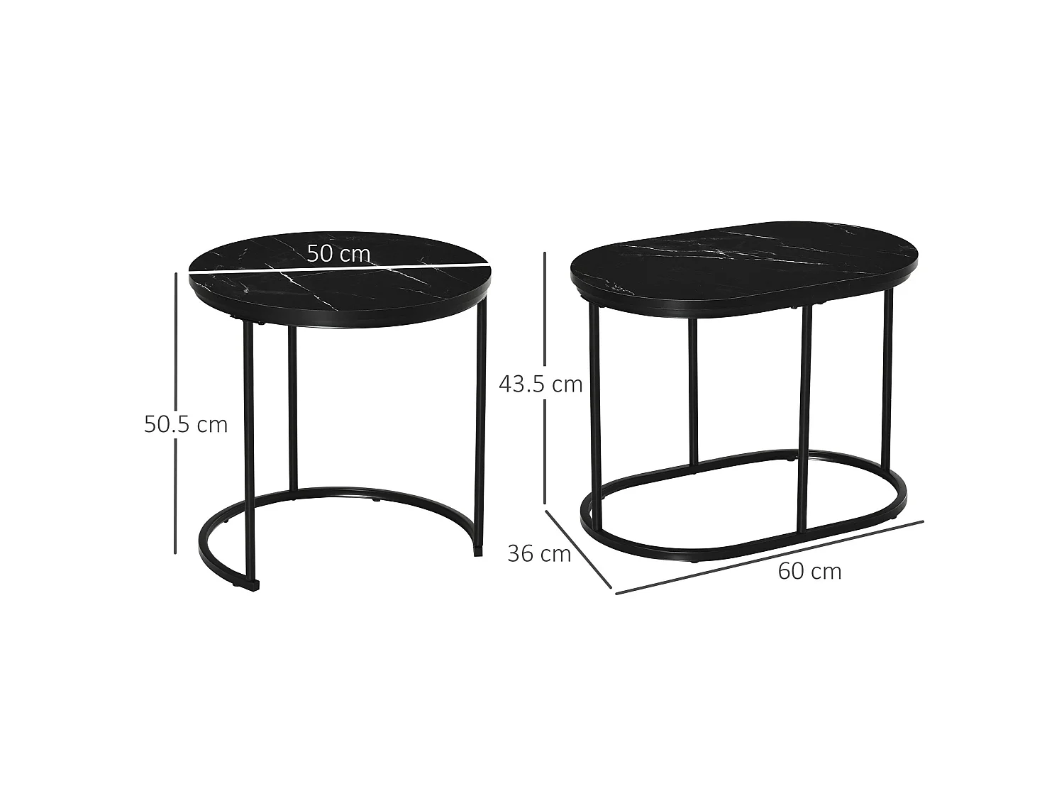 Two Piece Marble Effect Nesting Tables Black and White Stainless Steel Frame