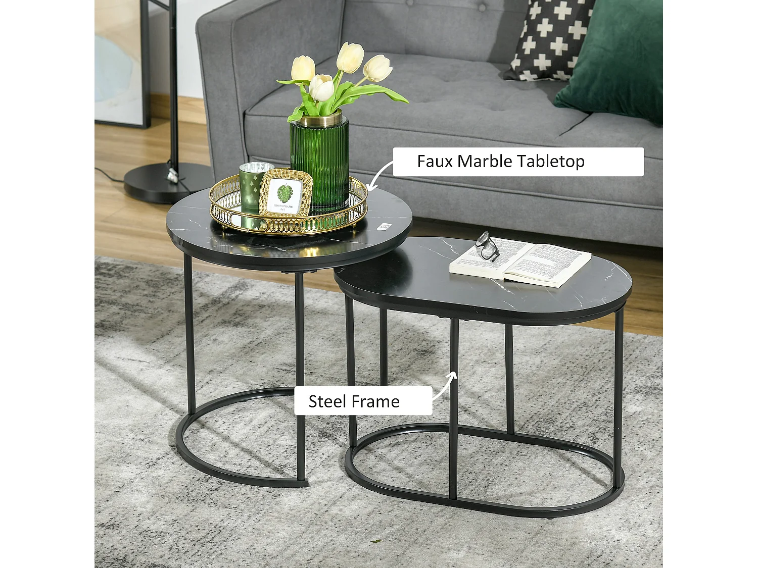 Two Piece Marble Effect Nesting Tables Black and White Stainless Steel Frame