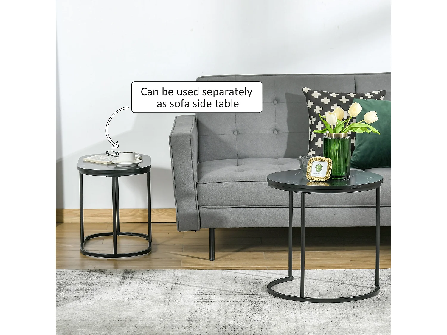 Two Piece Marble Effect Nesting Tables Black and White Stainless Steel Frame