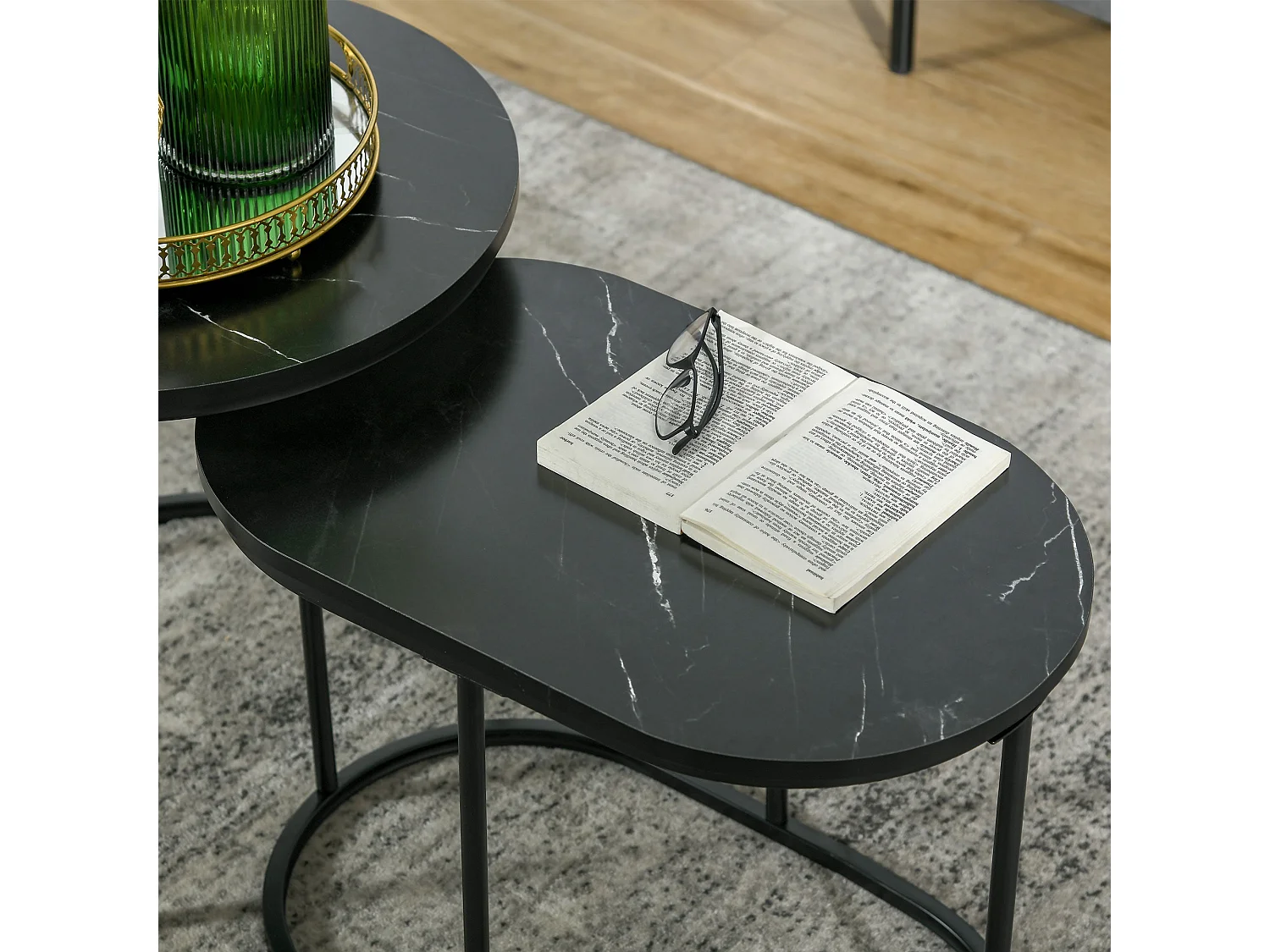 Two Piece Marble Effect Nesting Tables Black and White Stainless Steel Frame