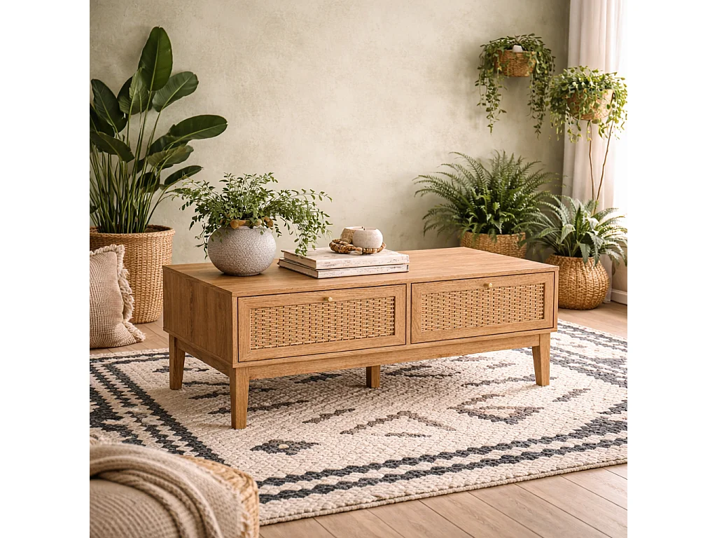 Waterford Oak Wood and Woven Rattan Coffee Table with 2 Drawers