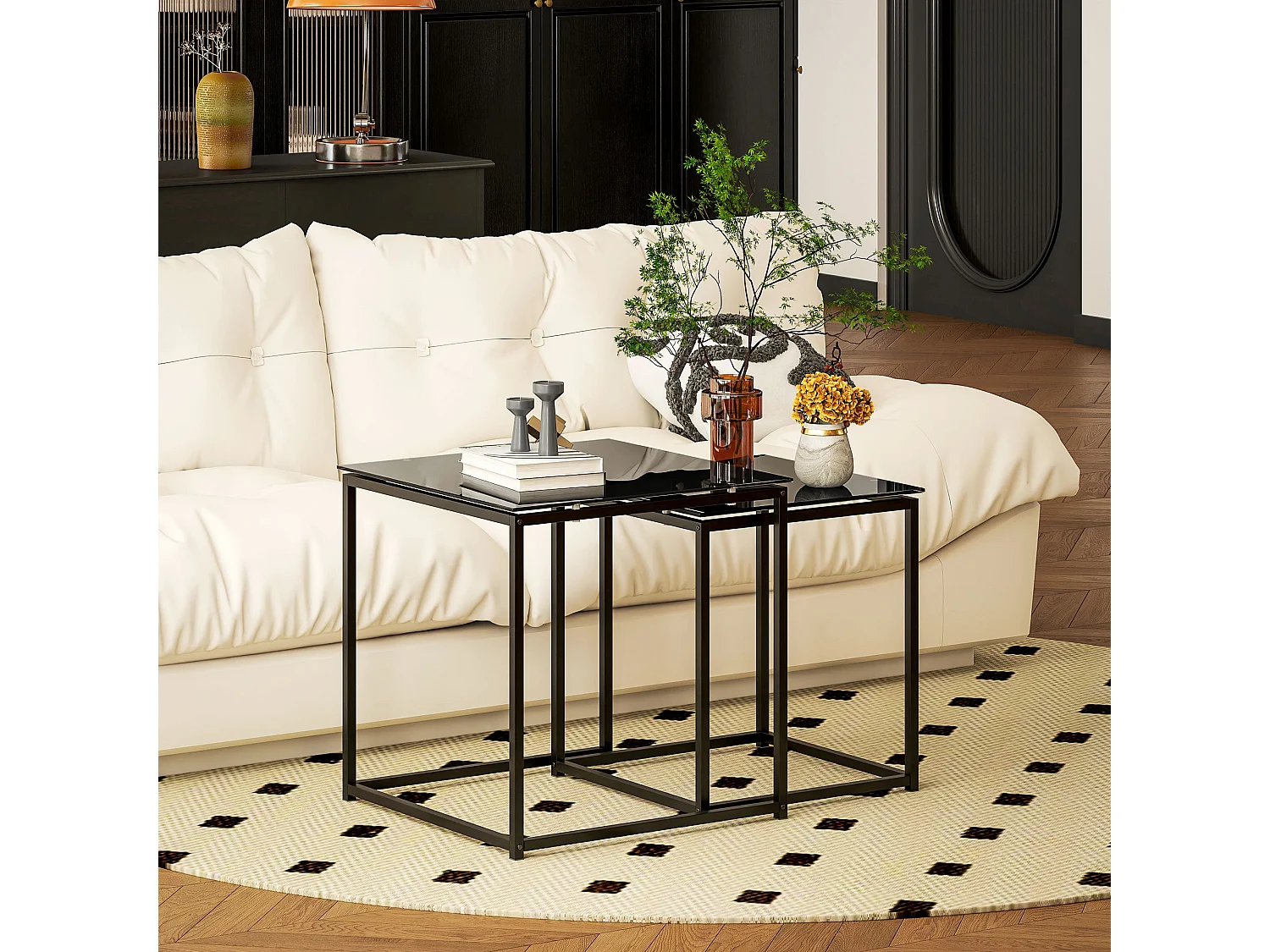 Raviccu Black Metal and Tempered Glass Nesting Coffee Tables Set of 2