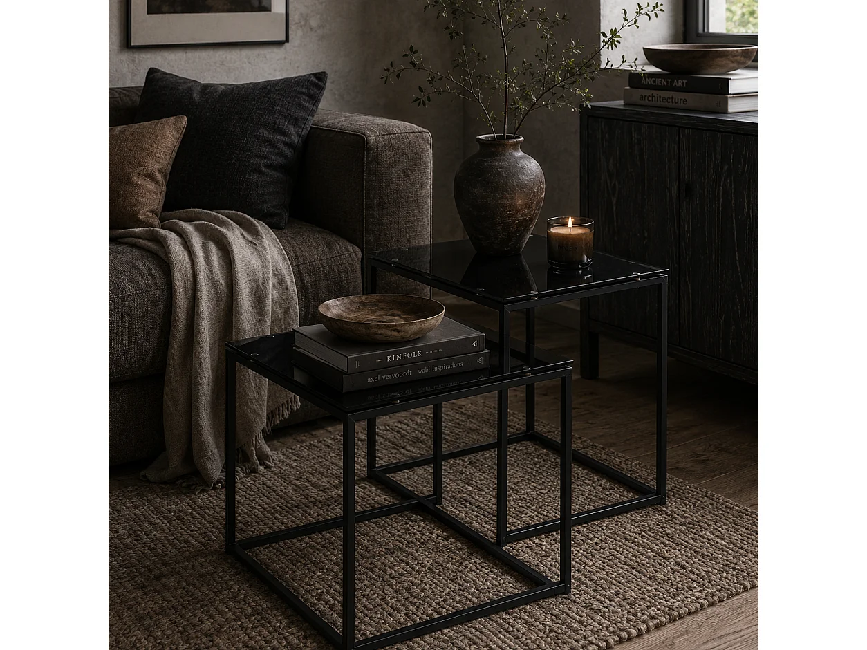 Raviccu Black Metal and Tempered Glass Nesting Coffee Tables Set of 2