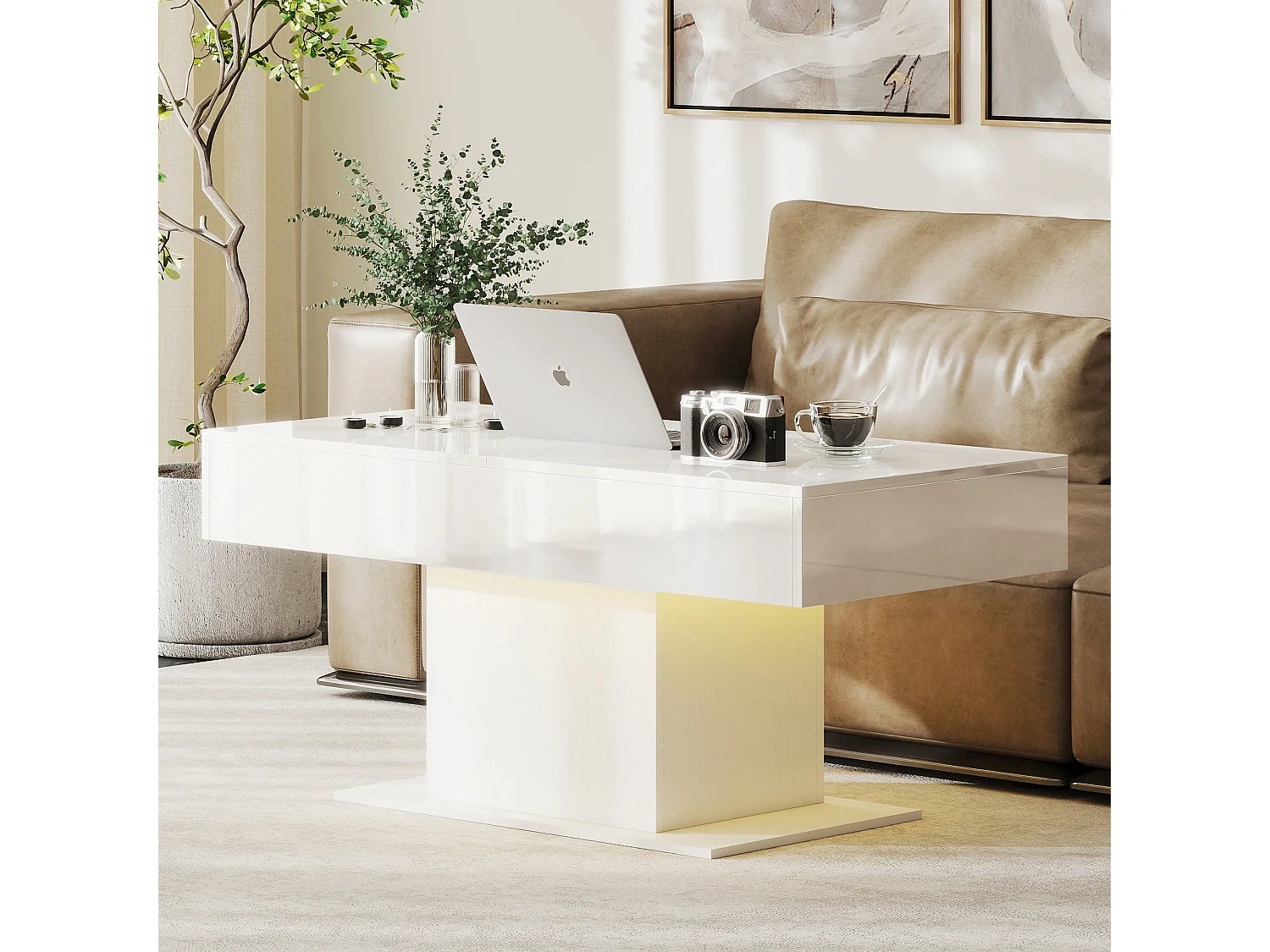 Mara High Gloss White Extendable Coffee Table with LED Lighting and Hidden Storage