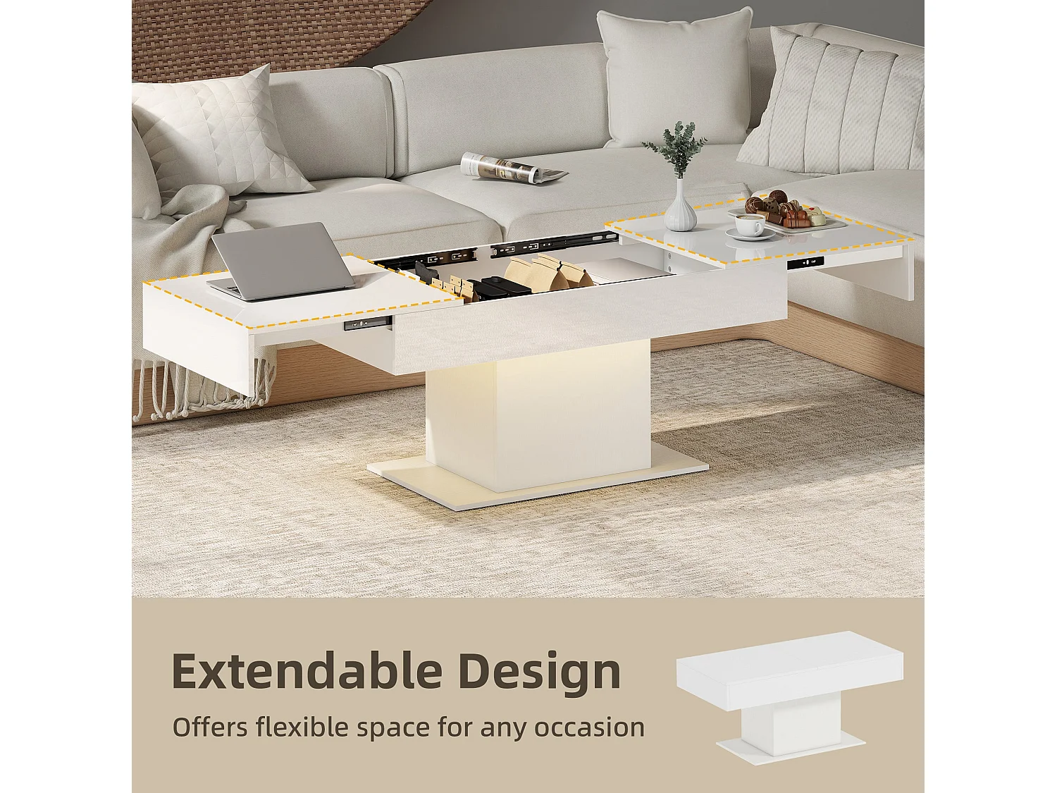 Mara High Gloss White Extendable Coffee Table with LED Lighting and Hidden Storage