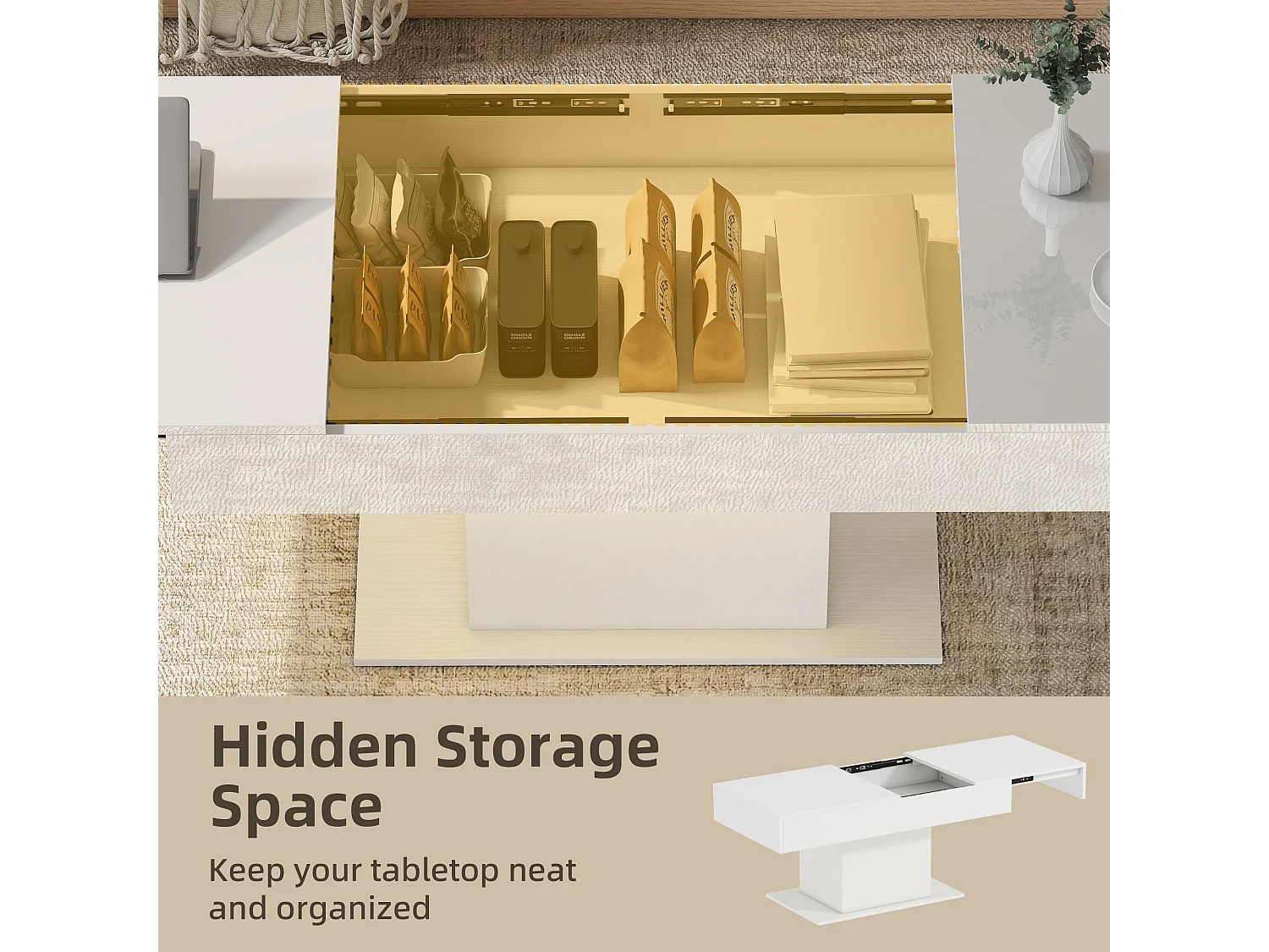 Mara High Gloss White Extendable Coffee Table with LED Lighting and Hidden Storage