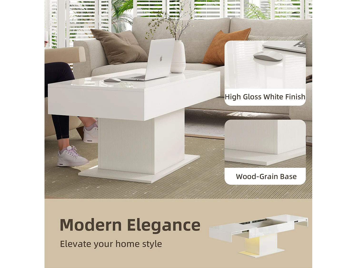 Mara High Gloss White Extendable Coffee Table with LED Lighting and Hidden Storage
